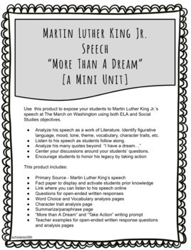 Preview of More Than A Dream - A Martin Luther King Jr. Speech "Mini Unit"