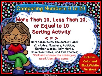 Preview of More Than, Less Than, or Equal to 10 Sorting Activity (Focus Numbers 0-20)