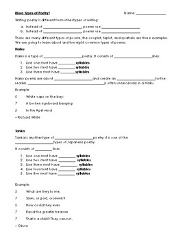 Preview of More Types of Poems Notes Graphic Organizer & Key Lesson 2