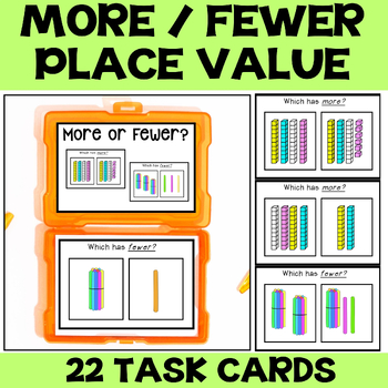 Preview of More or Fewer Task Box, Base 10 Task Cards, Comparing Numbers Task Box