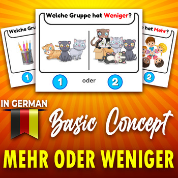 Preview of More or Less ? "Basic Concepts" in German . Printable Task Cards & worksheets