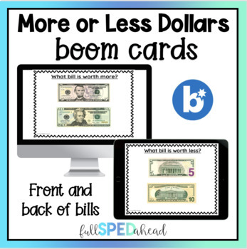 Preview of More or Less Money US Dollars Boom™ Cards Activity
