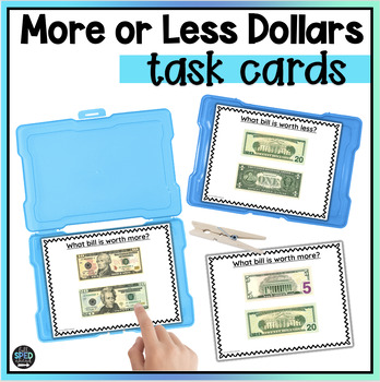 Preview of Budgeting More or Less US Dollars Math Task Cards Centers for Special Education