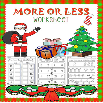 Preview of More or Less Worksheet. Kindergarten/Preschool Worksheet. Christmas theme.