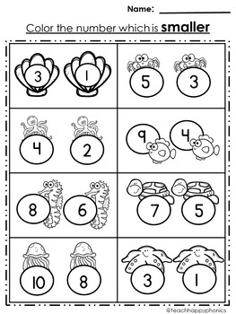 More or Less kindergarten math worksheets Ocean theme by teachhappyphonics