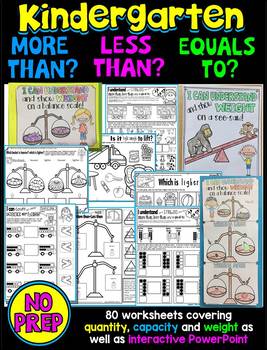 Preview of More than, less than, equals to; quantities, capacity and weight worksheets