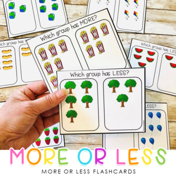 Preview of More or Less Task Cards Flashcards - Quantitative Concepts - Set 1