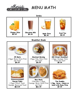 Preview of Morin's Diner Breakfast Menu Math