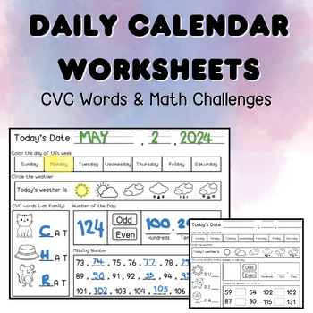 Preview of Morning Activities l Daily Calendar Worksheets l CVC word l Math Activity