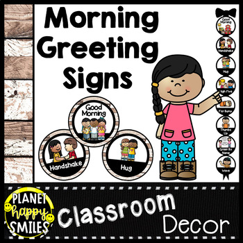 Preview of 30+ Morning Greeting or Saying Good-Bye Signs Distressed Wood Theme
