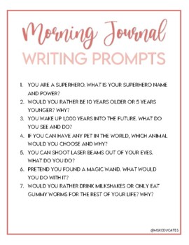 Morning Journal Writing Prompts - FREE by mskeducates | TpT