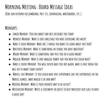 Preview of Morning Meeting: Board Message Ideas (Days of the Week)