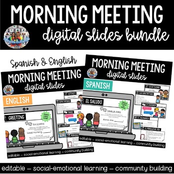 Preview of Morning Meeting Editable Digital Slides - ENGLISH and SPANISH Bundle