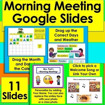 Preview of Morning Meeting Google Slides EDITABLE Digital Resources Calendar Circle Time