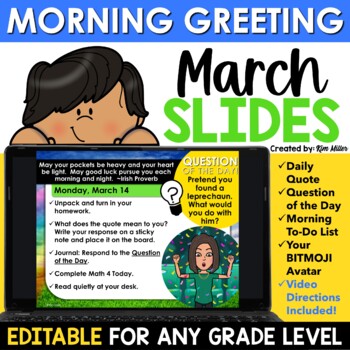 Preview of March Spring Morning Meeting Slides Daily Agenda Morning Greeting EDITABLE