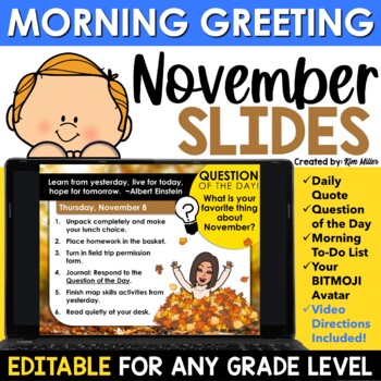 Preview of November Fall Morning Meeting Slides Daily Agenda Morning Greeting EDITABLE