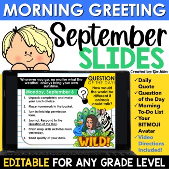 Preview of September Back to School Morning Meeting Slides Daily Agenda Greeting EDITABLE