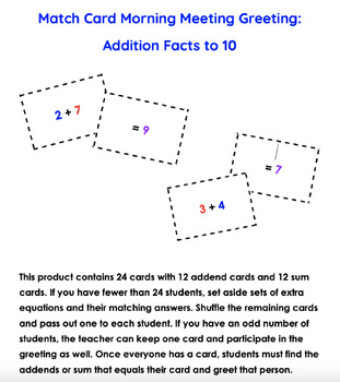 Preview of Morning Meeting Match Card Greeting: Addition Facts to 10