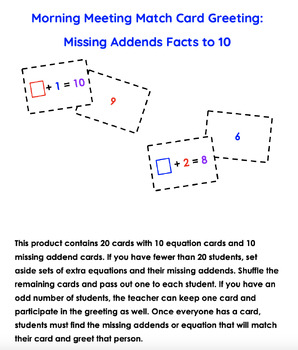 Preview of Morning Meeting Match Card Greeting: Missing Addends Facts to 10