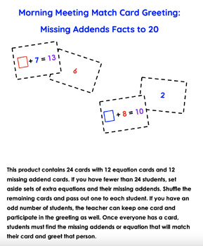 Preview of Morning Meeting Match Card Greeting: Missing Addends Facts to 20