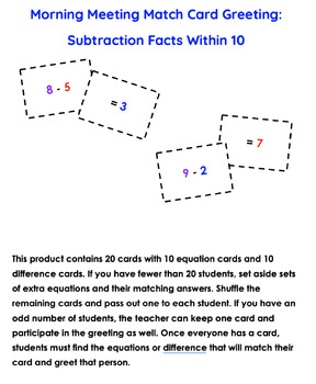 Preview of Morning Meeting Match Card Greeting: Subtraction Facts Within 10