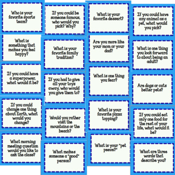 Morning Meeting Printable Discussion/Questions Cards by Bethany Walshe