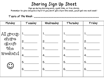 Preview of Morning Meeting- Share Sign Up Sheet