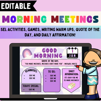 Preview of Morning Meeting Slides- Social Emotional Learning, Games, Affirmations & More!