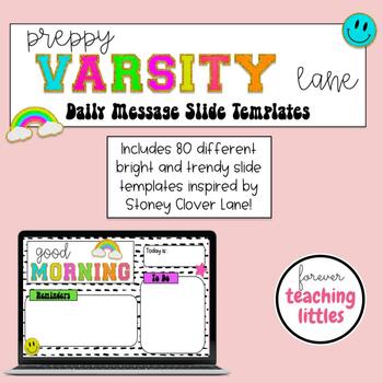 Preview of Morning Message Slides | Preppy Varsity Lane Patches | Greeting Slides EDITABLE