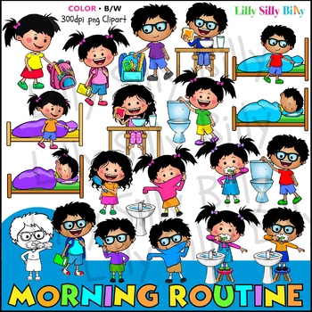 Preview of Morning Rountine. Clipart in BLACK & WHITE/ full color.
