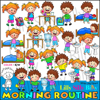 Preview of Morning Rountine - Milo and Lilly. Clipart in BLACK & WHITE/ full color.