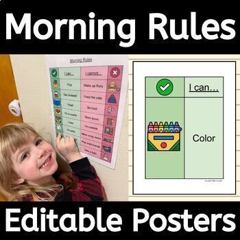 Preview of Morning Rules Posters for Early Riser Toddlers at Home with Editable Visuals