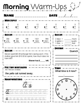 Morning Warm Up Worksheets 2nd 3rd 4th grades by BKS Prep Resources