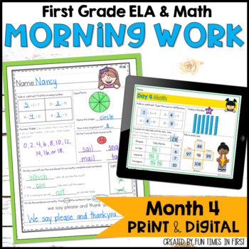 Preview of Morning Work 1st Grade Digital Google Slides and Printable | Month 4