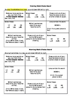 Morning Work ChoiceBoard by Andrea's Ideas | Teachers Pay Teachers