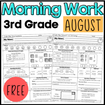 Preview of August Third Grade Morning Work Freebie Math and ELA PDF and Digital