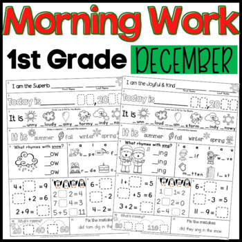 Preview of December Morning Work First Grade Math and ELA Digital and PDF