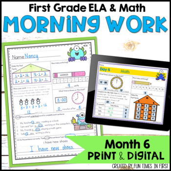 Preview of Morning Work First Grade Printable and Digital Google Slides Month 6