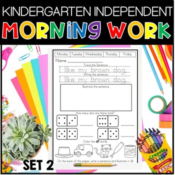 Preview of Independent Kindergarten Morning Work No Prep Math & Literacy Worksheets, Set 2