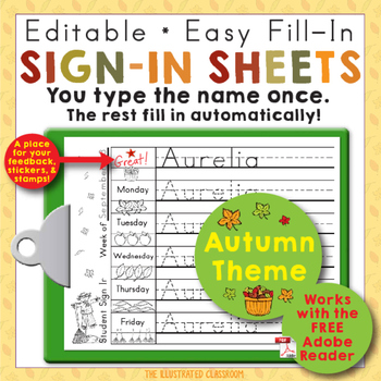 Preview of Morning Work Name Writing Practice Sign In Sheets - Autumn and Fall Theme