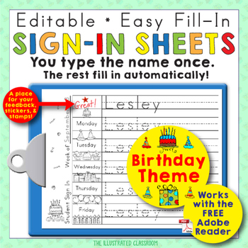 Preview of Morning Work Name Writing Practice Sign In Sheets - Birthday Theme
