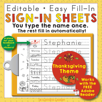 Preview of Morning Work Name Writing Practice Sign In Sheets - Thanksgiving Theme