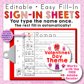 Preview of Morning Work Name Writing Practice Sign In Sheets - Valentines Day Theme