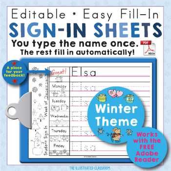 Preview of Morning Work Name Writing Practice Sign In Sheets - Winter Theme