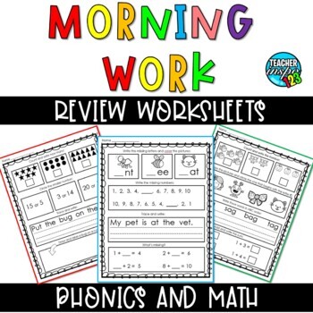 Preview of No Prep Morning Work Math and Literacy Worksheets for 1st and 2nd Grade Practice