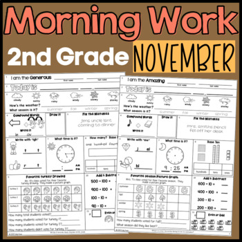 Preview of November Morning Work Second Grade Math and ELA Digital and PDF