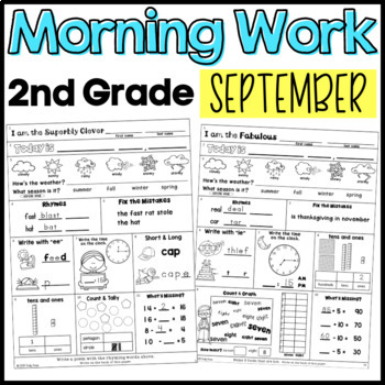 Preview of September Morning Work Second Grade Math and ELA Digital and PDF