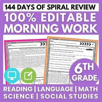 Preview of Enrichment or Morning Work Spiral Review Editable for 6th Grade Morning Meeting