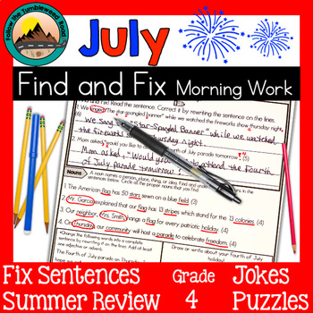 Preview of Morning Work Summer Fourth of July and Sports ELA Review Grammar Worksheets 4