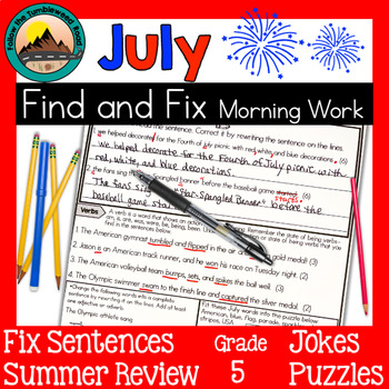 Preview of Morning Work Summer Fourth of July and Sports ELA Review Grammar Worksheets 5